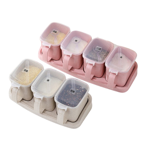 Set 4 hũ đựng gia vị nhựa lúa mạch kèm khay kê